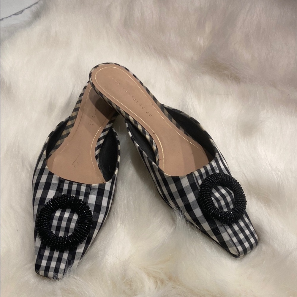 Zara Black and White Gingham Mules with Square Toe. Only wore them a few times.